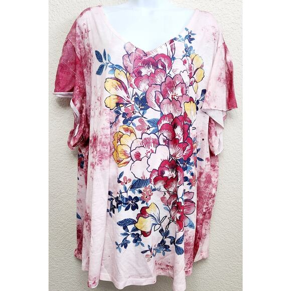 Terra & Sky Pink Blue Yellow Floral Print Blouse 4X 28W 30W Plus Lightweight - Picture 1 of 4